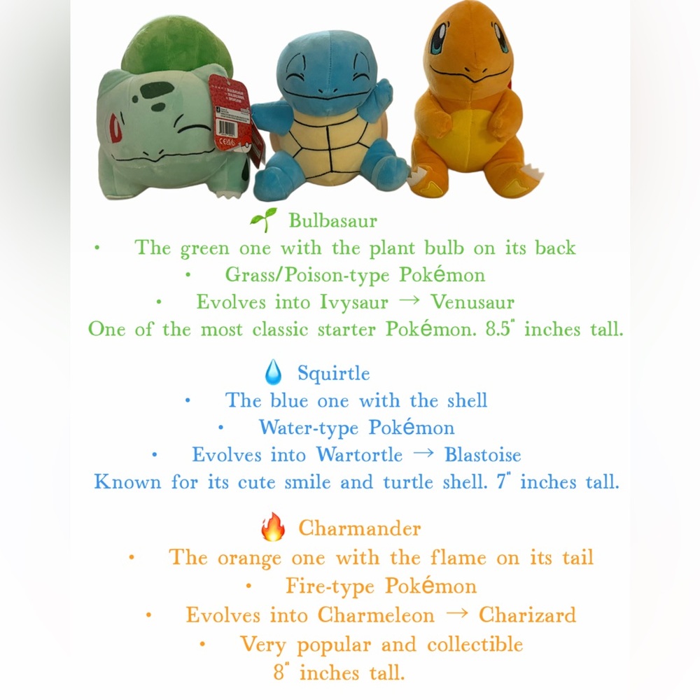 Brand New official Pokémon plush toys (Charmander, Squirtle, and Bulbasaur)